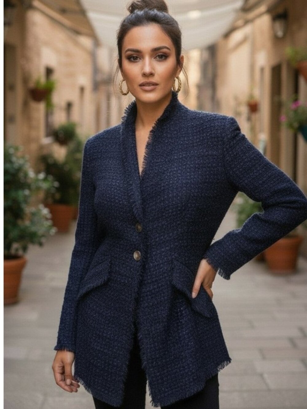 VINTAGE ESCADA Bouclé Tweed Blazer 44 M Blue Silk Wool Textured Sparkle Jacket - Picture 16 of 16